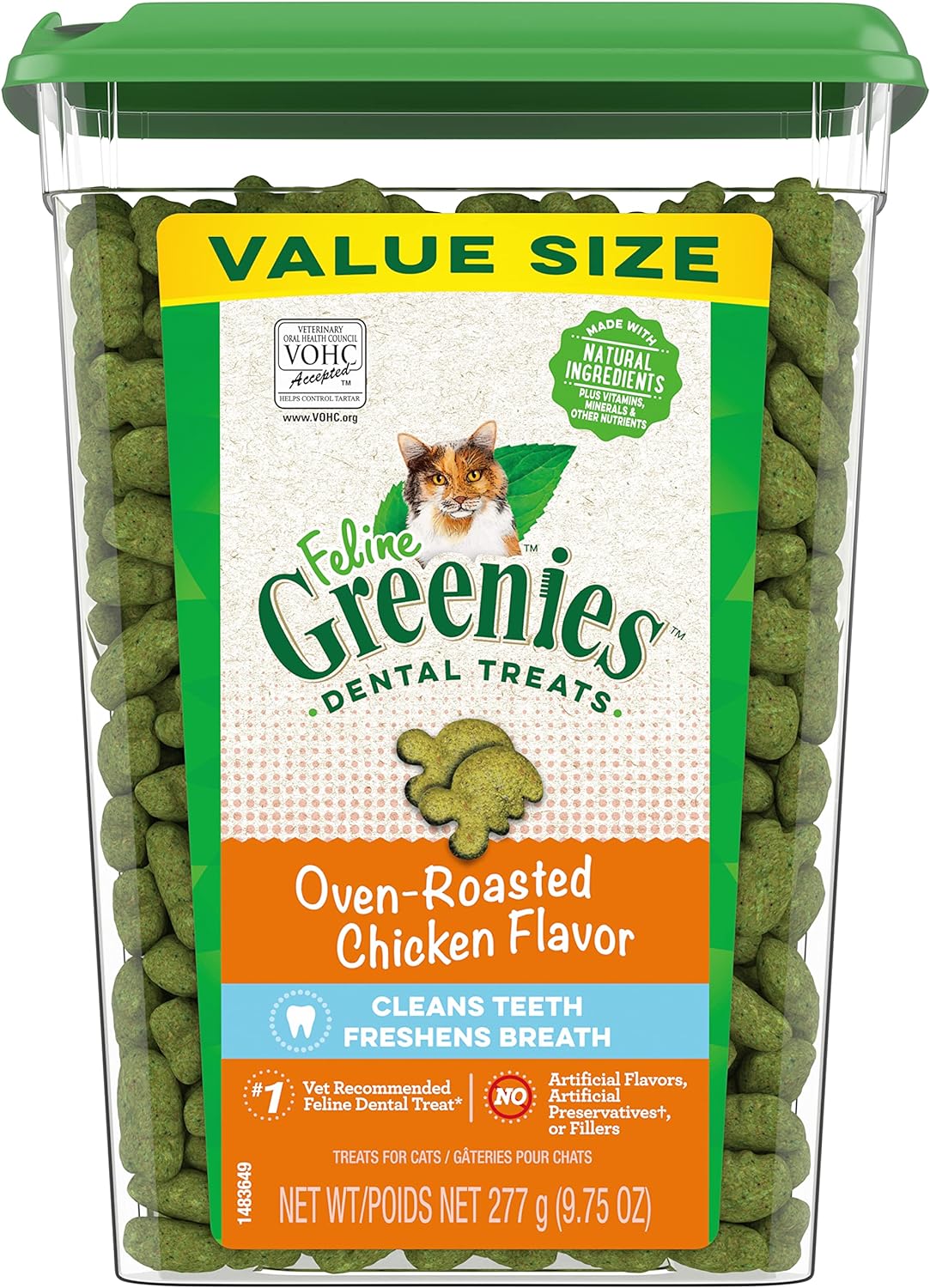 Greenies Feline Adult Dental Cat Treats, Oven Roasted Chicken Flavor, 9.75 oz. Tub