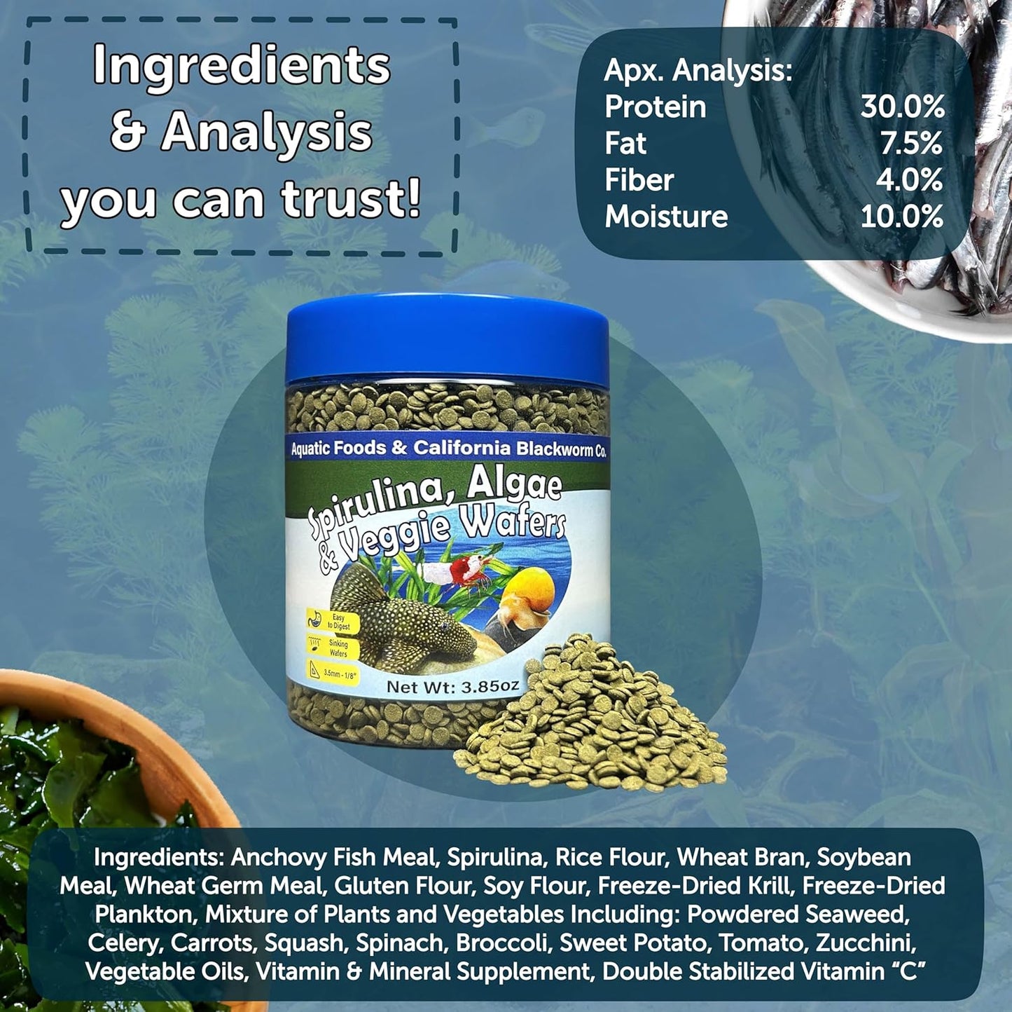 Aquatic Foods Inc. 3.5mm - 1/8" Micro Sinking Wafers of Spirulina, Algae & Veggies for Bottom Fish, Plecos, Shrimp, Snails, All Tropical Fish, 4-Type Wafer & 12-Type Pellet Mix Included 5oz