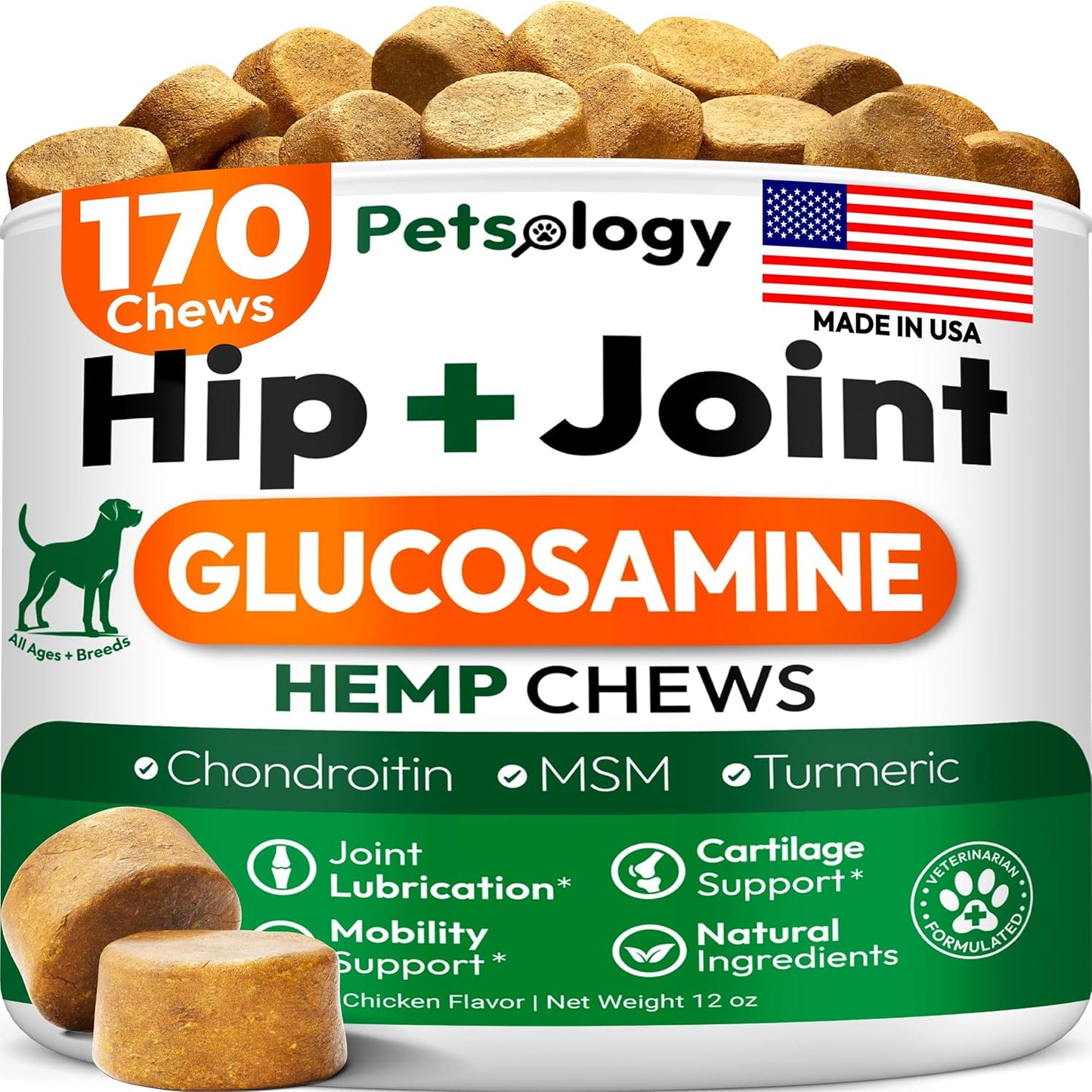 Hemp Hip and Joint Supplement for Dogs - Glucosamine for Dogs - 170 Mobility Support Chews - Advanced Joint Pain Relief Treats with Chondroitin, MSM, Turmeric - Large & Small Breeds - Made in USA