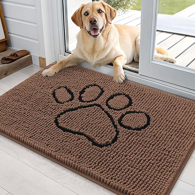 OLANLY Door Mat for Muddy Dog Paws 36x24, Ultra Absorbent Chenille Mud Doormat with Paw Print Design, Non-Slip Washable Doormat for Indoor Entryway, Quick-Dry Pet Bed Mats for Dirty Dogs, Mocha