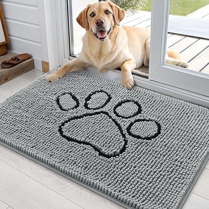 OLANLY Door Mat for Muddy Dog Paws 36x24, Ultra Absorbent Chenille Mud Doormat with Paw Print Design, Non-Slip Washable Doormat for Indoor Entryway, Quick-Dry Pet Bed Mats for Dirty Dogs, Grey