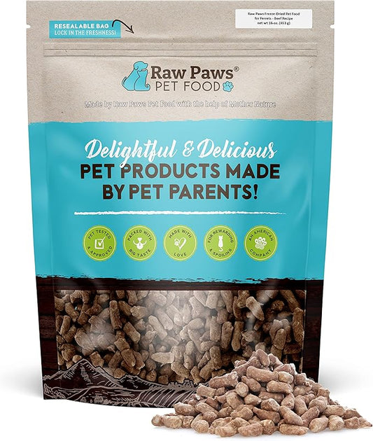 Raw Paws Freeze Dried Ferret Food - Beef Recipe, 16-oz - Made in USA - Grain Free Ferret Diet for Small, Adult, Senior & Baby Ferrets - Natural Ferret Treats for Rewarding & Training - Ferret Food Dry
