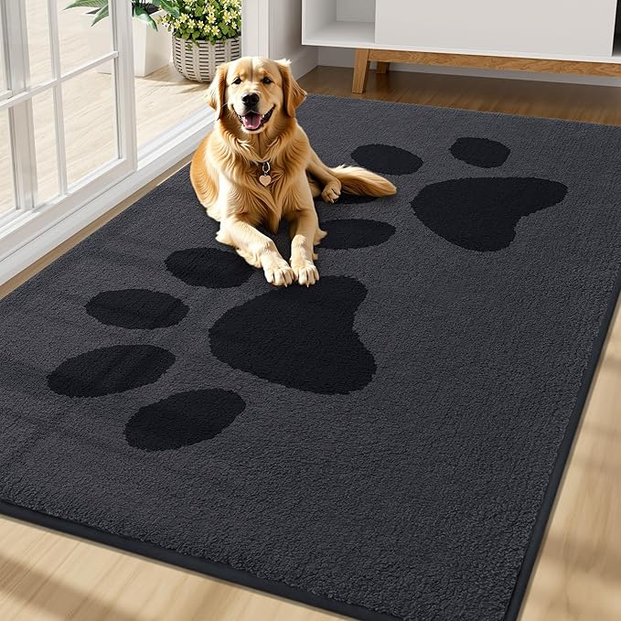 Buganda Dog Door Mat for Muddy Paws, Absorbent Dirt Trapper Washable Indoor Doormats, Non Slip Low-Profile Mud Mat for Dogs, Front Entrance Doormat for Inside Floor (70x47 Inches, Black)