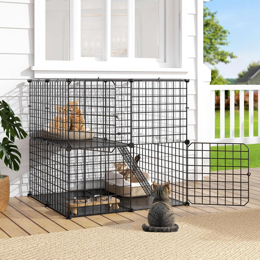 DWVO Cat Enclosure for Kittens, 2-Tier Pet Cage for Small Animals, Kitty Playpen House for Indoor Outdoor Black