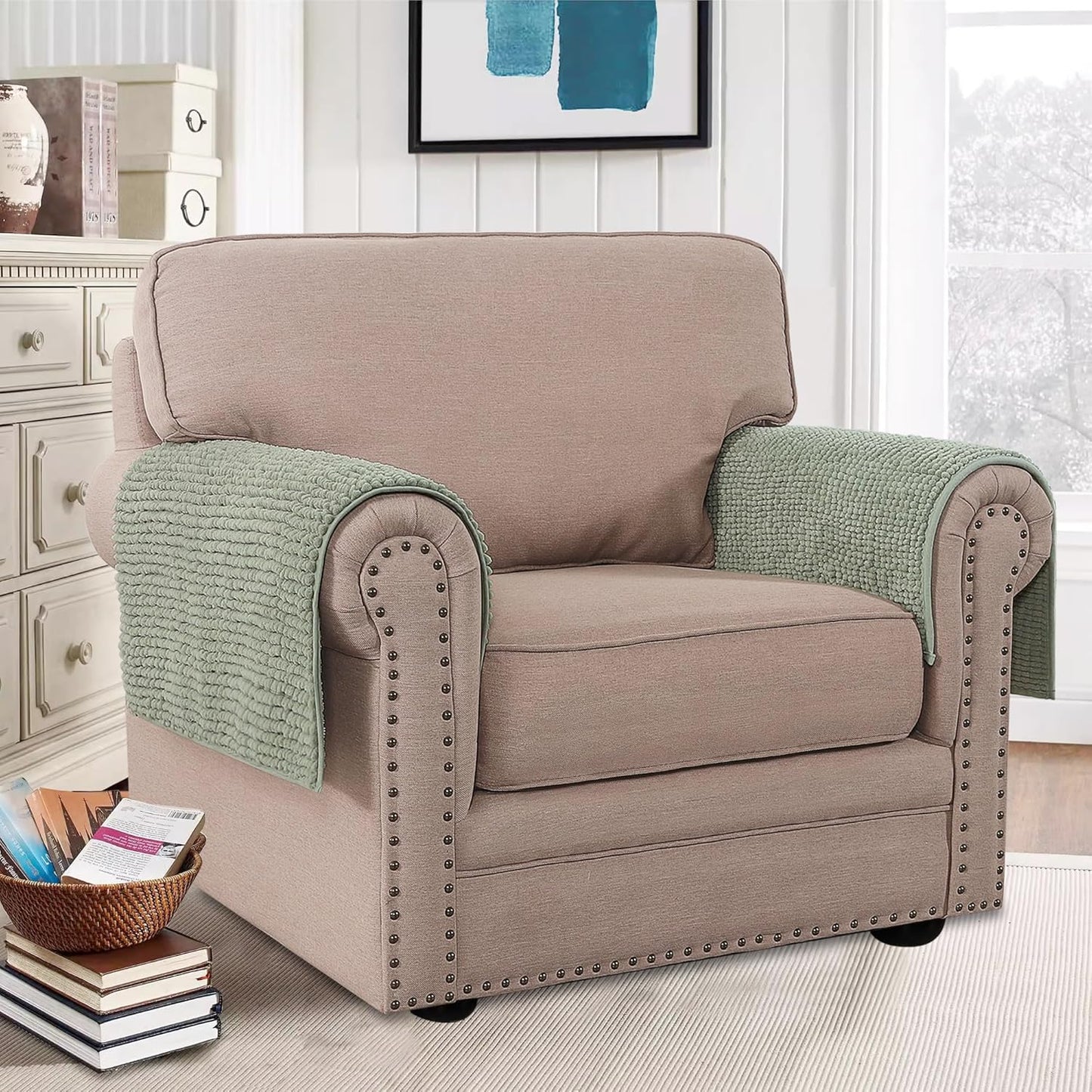 H.VERSAILTEX Plush Chenille Couch Armrest Cover 2 Packs Thick and Soft Sofa Covers Furniture Protector Cover for Pets (27.5" x 27.5", Sea Foam)