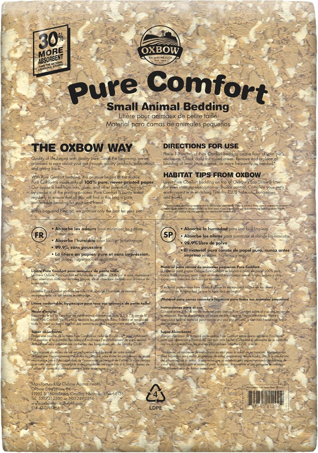 Oxbow Animal Health Pure Comfort Bedding, Blend, Rabbit, Hamster, & Guinea Pig Bedding, Bunny Supplies for Litter Box, Pet Safe, 99.9% Dust Free, 178 Liter Bag