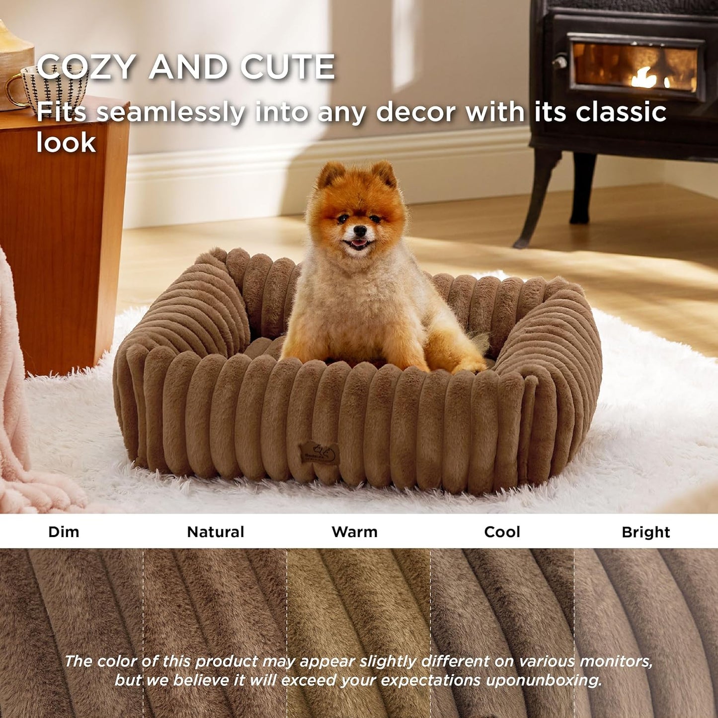 Bedsure Cute Dog Bed for Small Medium Dogs - Washable Furry Puppy Beds, Rectangle Orthopedic Corduroy Fleece Pet Beds with Removable Zipper Cover, 25x21x7inches, Copper Brown