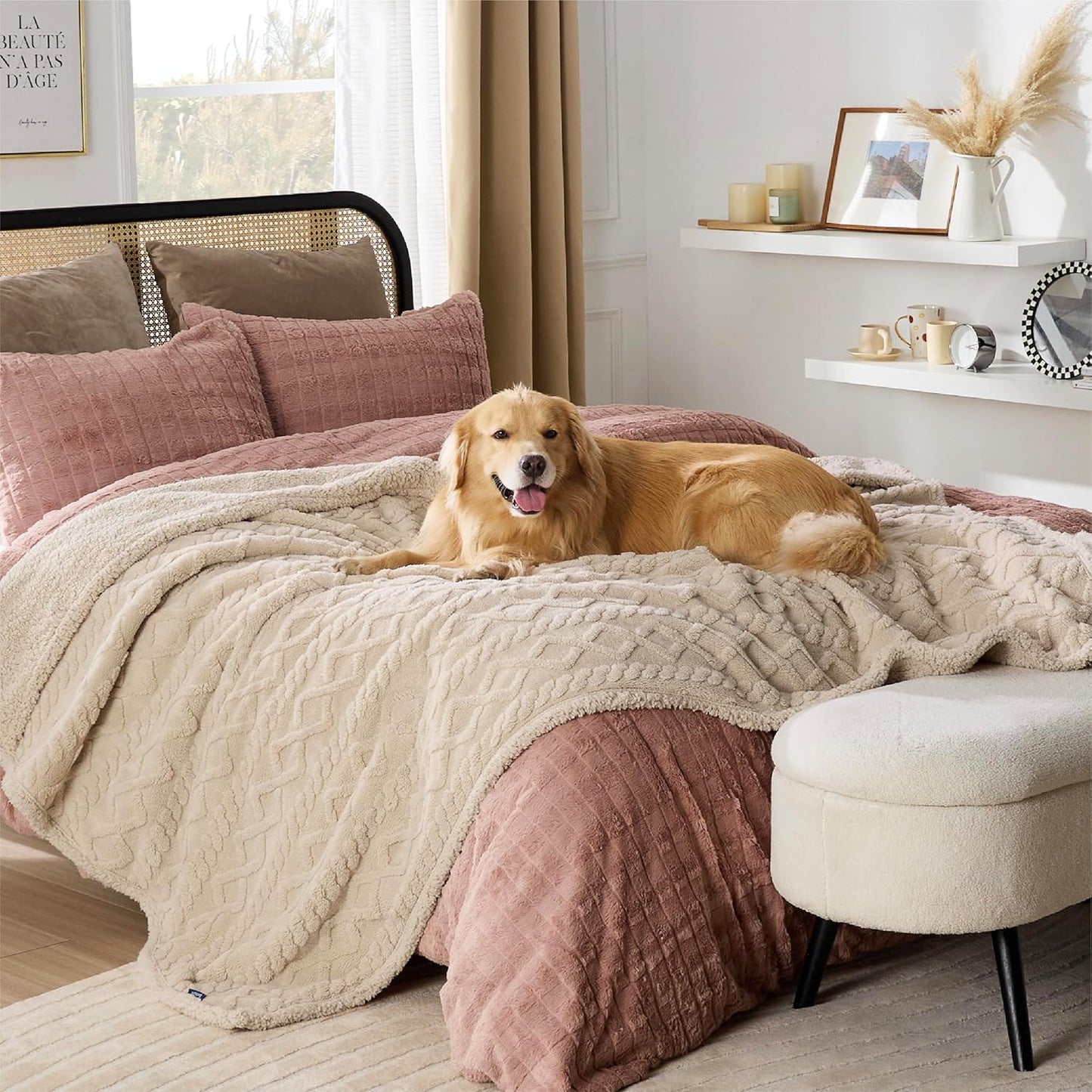 Bedsure Waterproof Dog Blankets for Bed - Pet Blanket for Bed Couch Protector Washable, Premium Jacquard Coral Fleece Cat Throw Blanket, Soft Plush Reversible Furniture Protection, King, 86x108, Cream