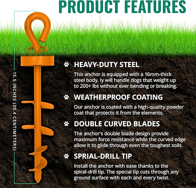 Heavy Duty Tie-Out Stake: Surface-Lock Technology for Pulling and Bending Prevention, 360-Degree Swivel Ring, Weather-Resistant Coating for Maximum Durability and Tangle-Free Design
