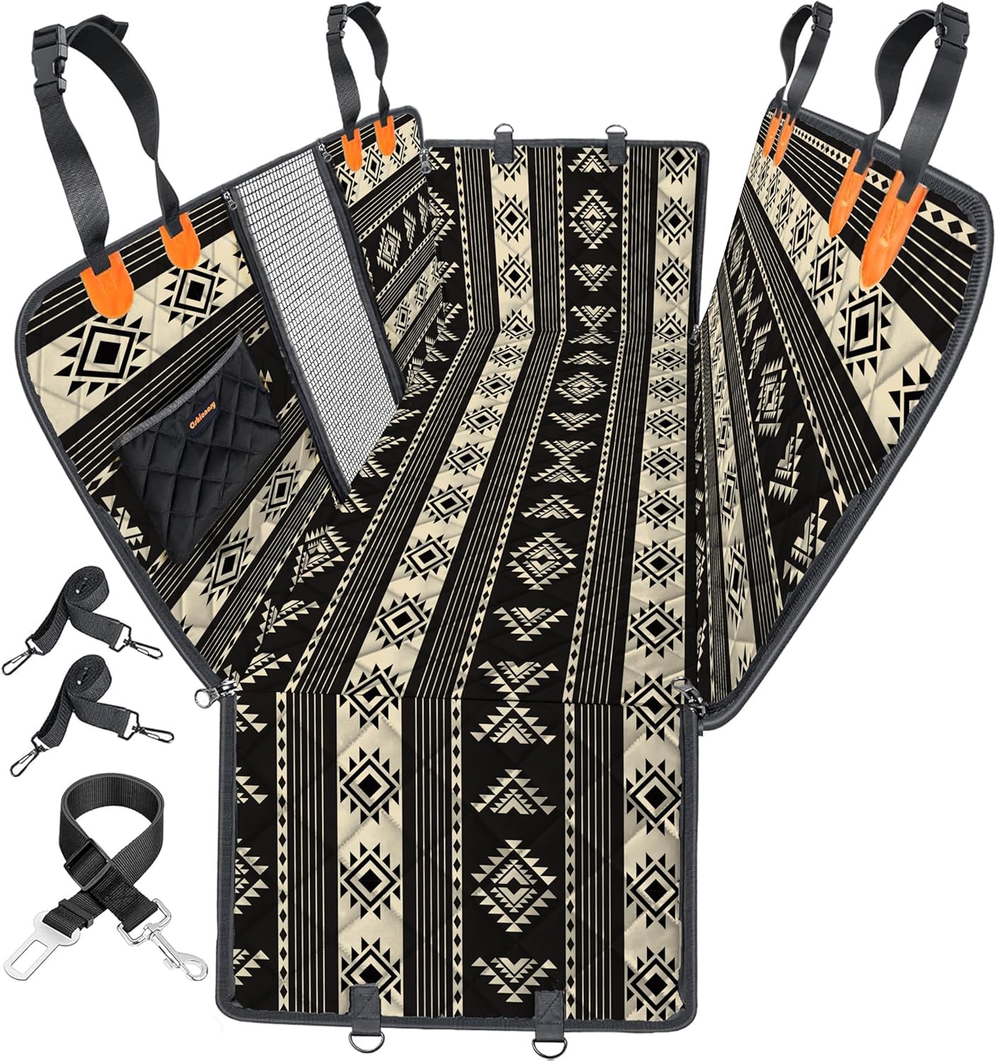 Cshionary100% Waterproof Dog Car Seat Cover - 600D Heavy Durable Dog Seat Cover for Back Seat-Slip Backing, Fits Cars/Trucks/SUVs, Stops Mud/Scratches/Shedding (BoheBlack with Orange)