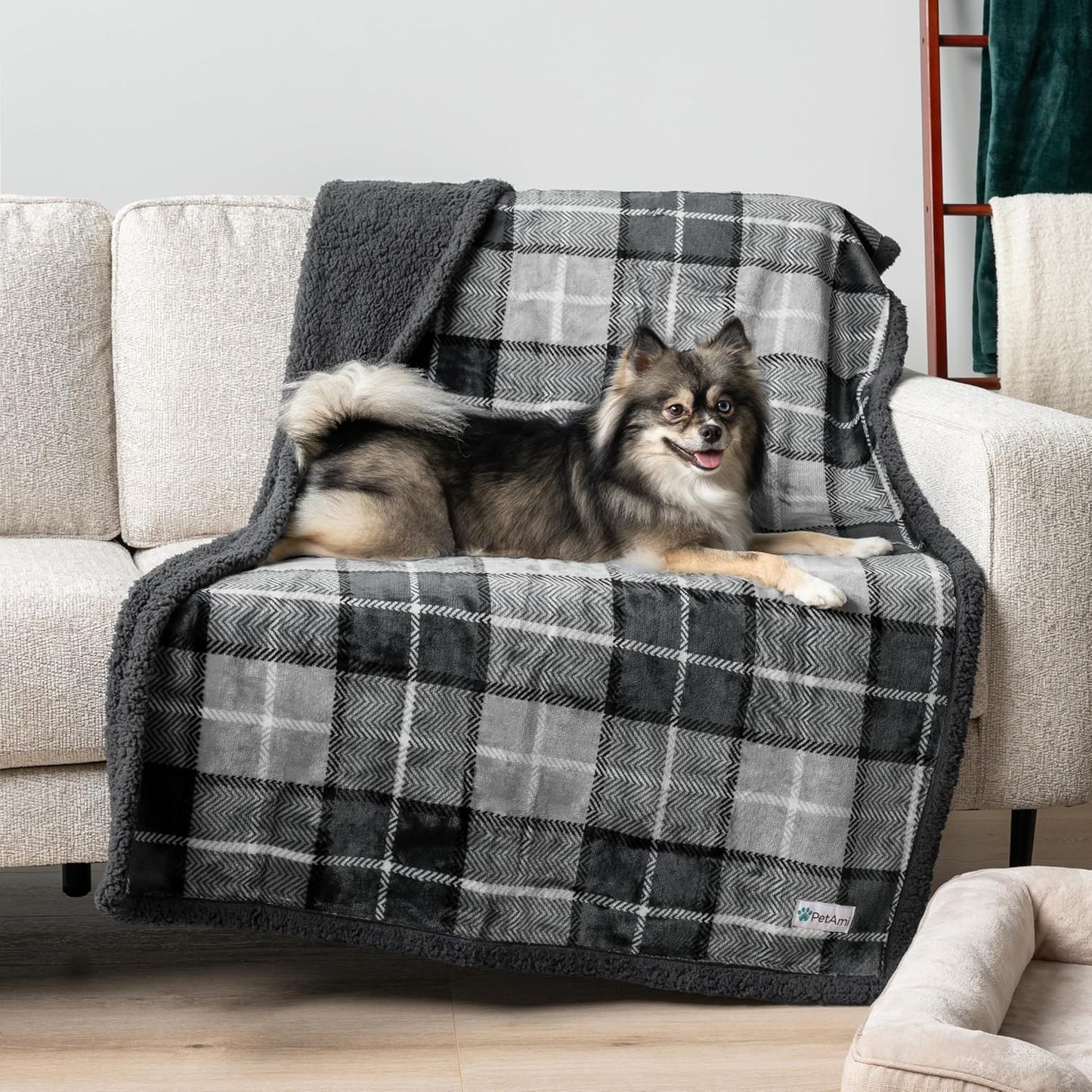 PetAmi Waterproof Dog Blanket for Medium Large Dog Puppy Cat Throw for Couch Cover Leakproof Protection, Sherpa Fleece, Reversible Soft Washable 60x40 Plaid Charcoal Gray