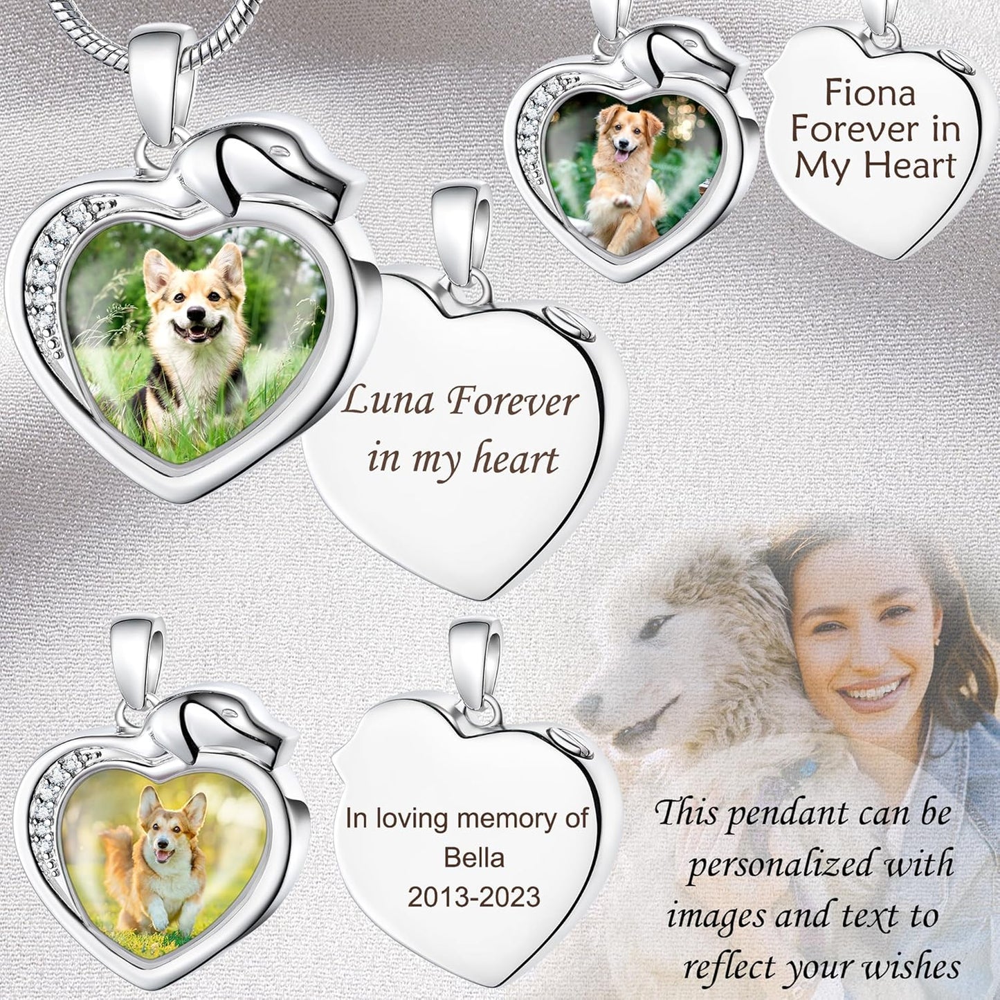 Fanery Sue Personalized Pet Ashes Necklace for Dog Cat Custom Photo&Text Pet Loss Sympathy Gift Cremation Jewelry