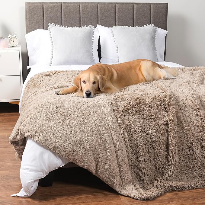 PetAmi Waterproof Dog Blanket for Large Dog, Queen Size Calming Pet Blanket Couch Cover Protector, Sherpa Faux Fur Cat Throw for Sofa Furniture Bed, Soft Fluffy XL, 90x90 Taupe