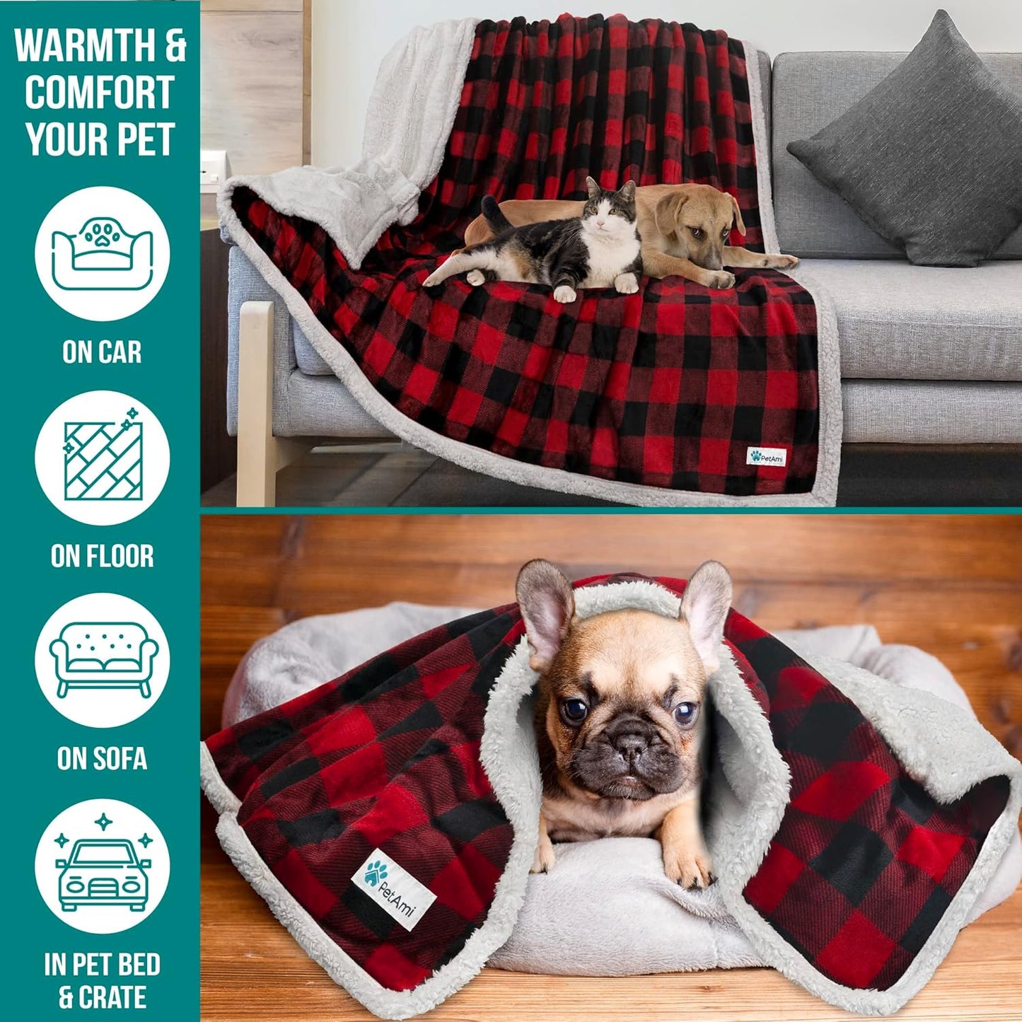 PetAmi Dog Blanket for Bed, XL Pet Blanket Large Dogs, Fleece Furniture Couch Cover Protector Sofa Car Crate Kennel, Soft Sherpa Cat Throw Plush Reversible Washable, Twin 60x80 Checker Red