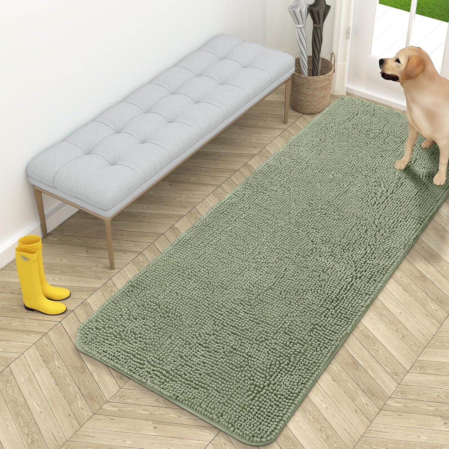 OLANLY Dog Door Mat for Muddy Paws 59x24, Absorbs Moisture and Dirt, Absorbent Non-Slip Washable Doormat, Quick Dry Chenille Mud Mat for Dogs, Entry Indoor Entryway Carpet for Inside Floor, Sage Green