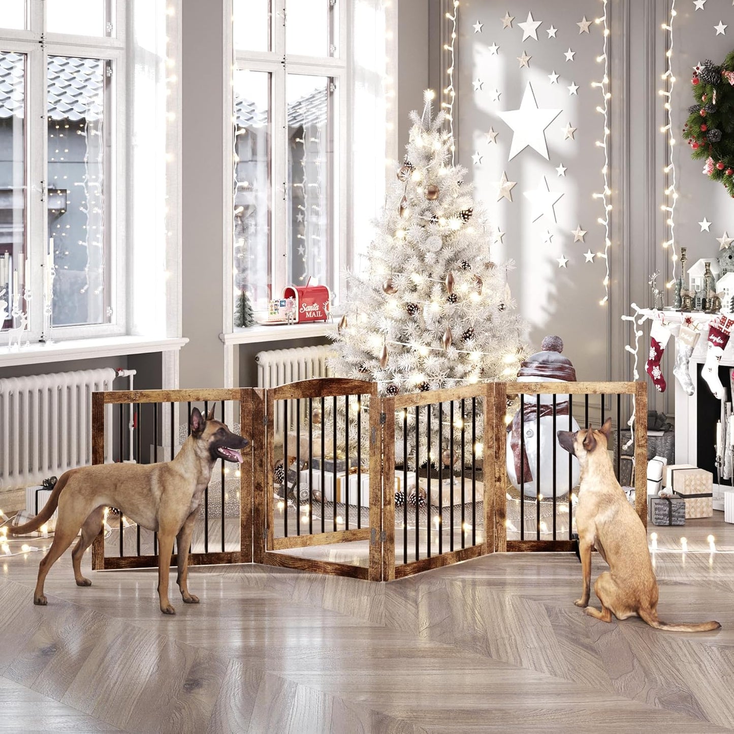 Vantas Folding Pet Gate 96" Wide, 30" Tall No-Assembly Wooden Dog Gate with Door Walk Through, Freestanding Pet Gate, Puppy Safety Fence, with 2PCS Support - Rustic Brown