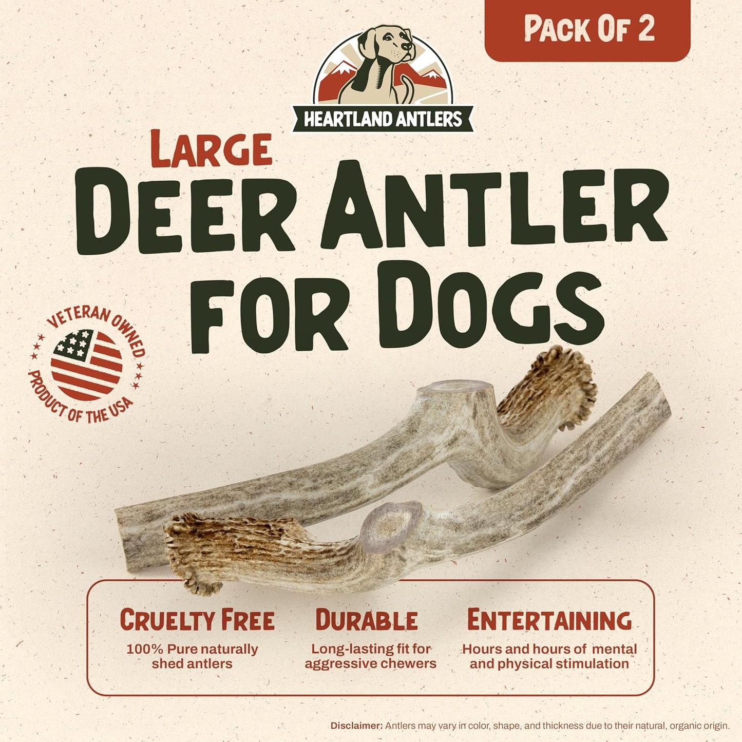 Heartland Deer Antlers for Dogs - Daily Dental Care Chews for Aggressive Chewers to Reduce Plaque & Prevent Destructive Behavior (Large: 6-8", 2-Pack, Grade A, USA Made)