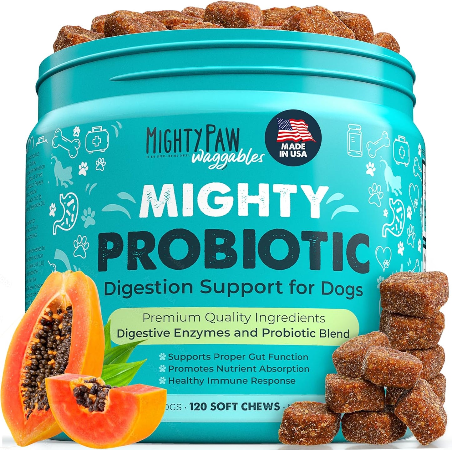 Mighty Paw Waggables Probiotic Chews for Dogs (Made in USA) | Dog Probiotics & Digestive Enzymes. Bacon Flavor Probiotic for Dogs Digestive Health. Prebiotics, Probiotics for Dog Gut Health (120 Ct)