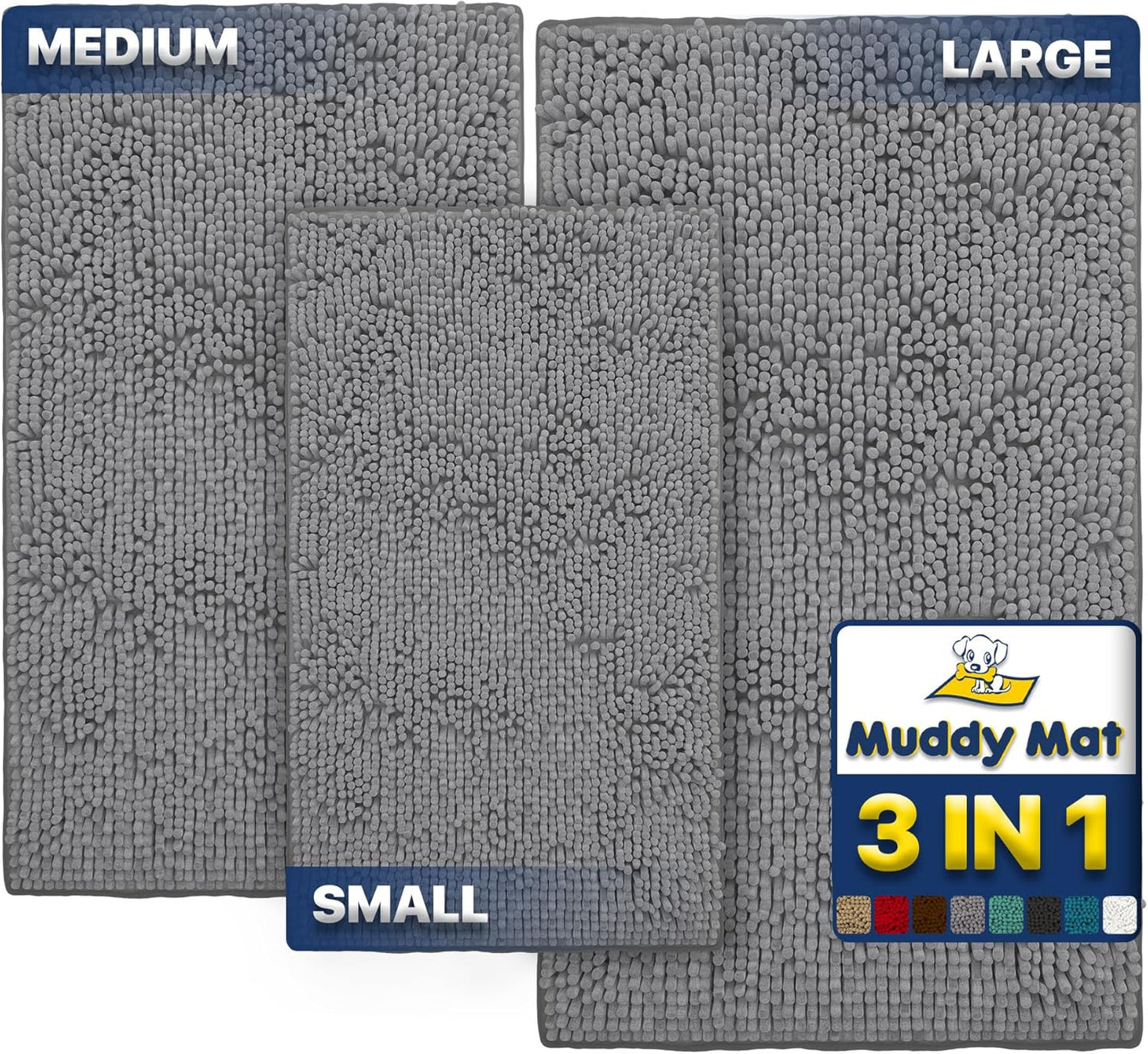 Muddy Mat® Pack of 3 Highly Absorbent Microfiber Dog Door Mat and Pet Rug, Non Slip Thick Washable Area Mat Soft Chenille for Kitchen Bathroom Bedroom and Outdoor - Grey Small, Medium & Large