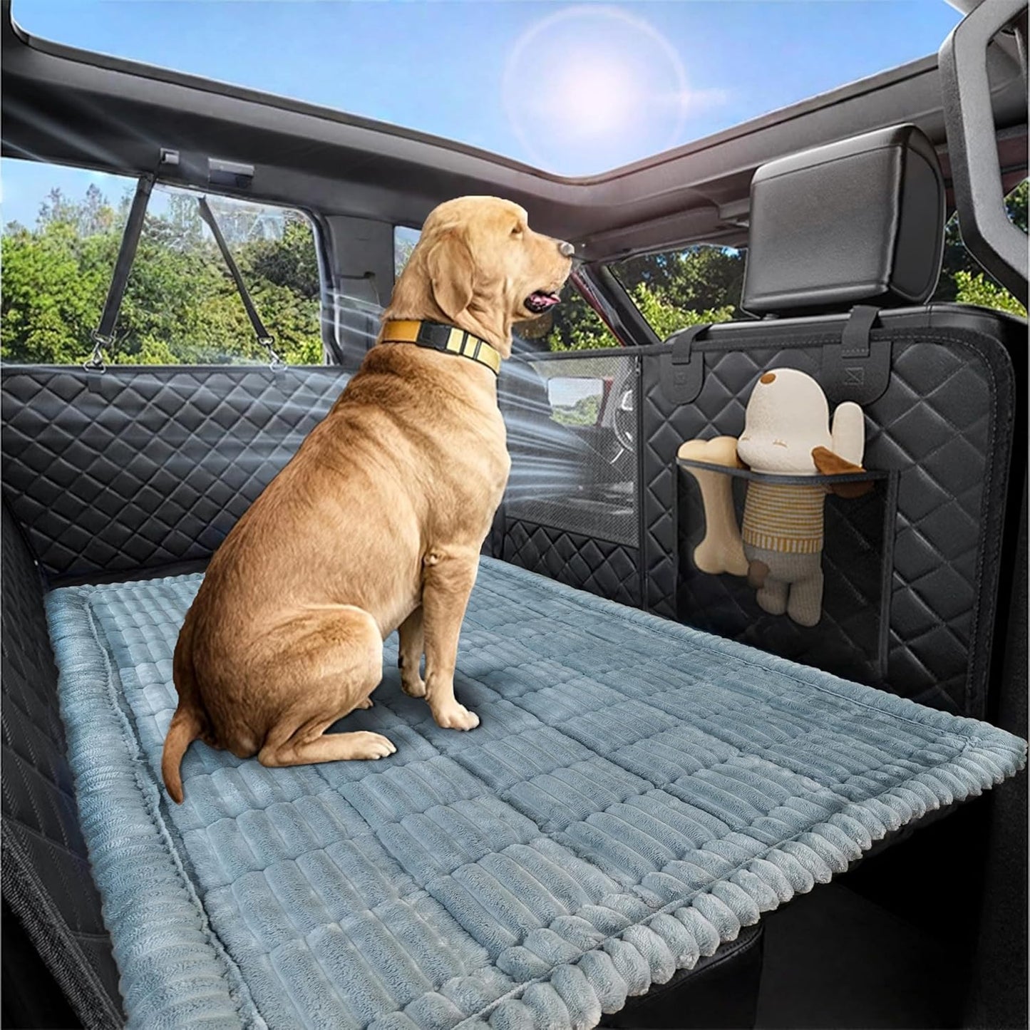Dog Car Seat Cover for Back Seat, Big Dog Bed for Car, Suitable for Back Seat Extender for Dogs，Backseat Pet Bed Mat，Non-Slip Travel Pet Mat (Striped Light Gray, 24.8"x54")