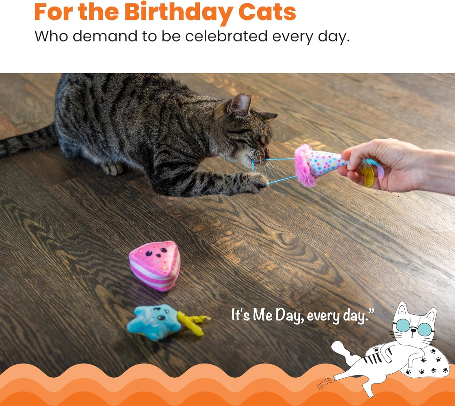 Catstages Happy Purrthday Cat Toys, 3-Pack Catnip Plush Toys with Crinkle, Feathers & Dental Mesh, Multicolored