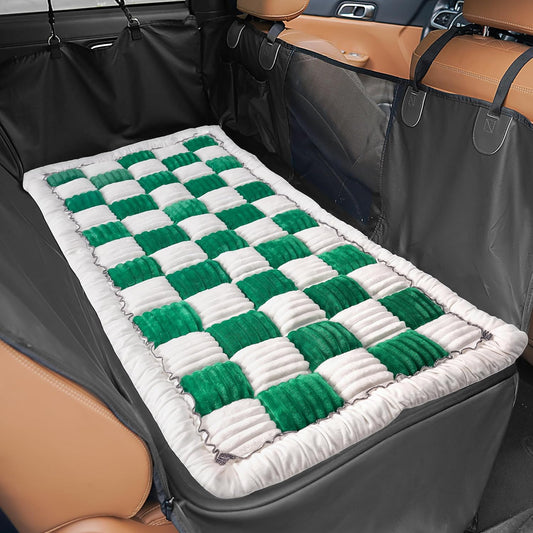 Backseat Dog Bed Mat for Car, Non-Slip Dog Bed for Car Back Seat, Soft & Cozy Dogs Blanket, Washable Travel Pet Mat Seat Protector for Cars, SUVs, Trucks (Green/White, 51.1"L x 23.6"W x 1.5"Th)