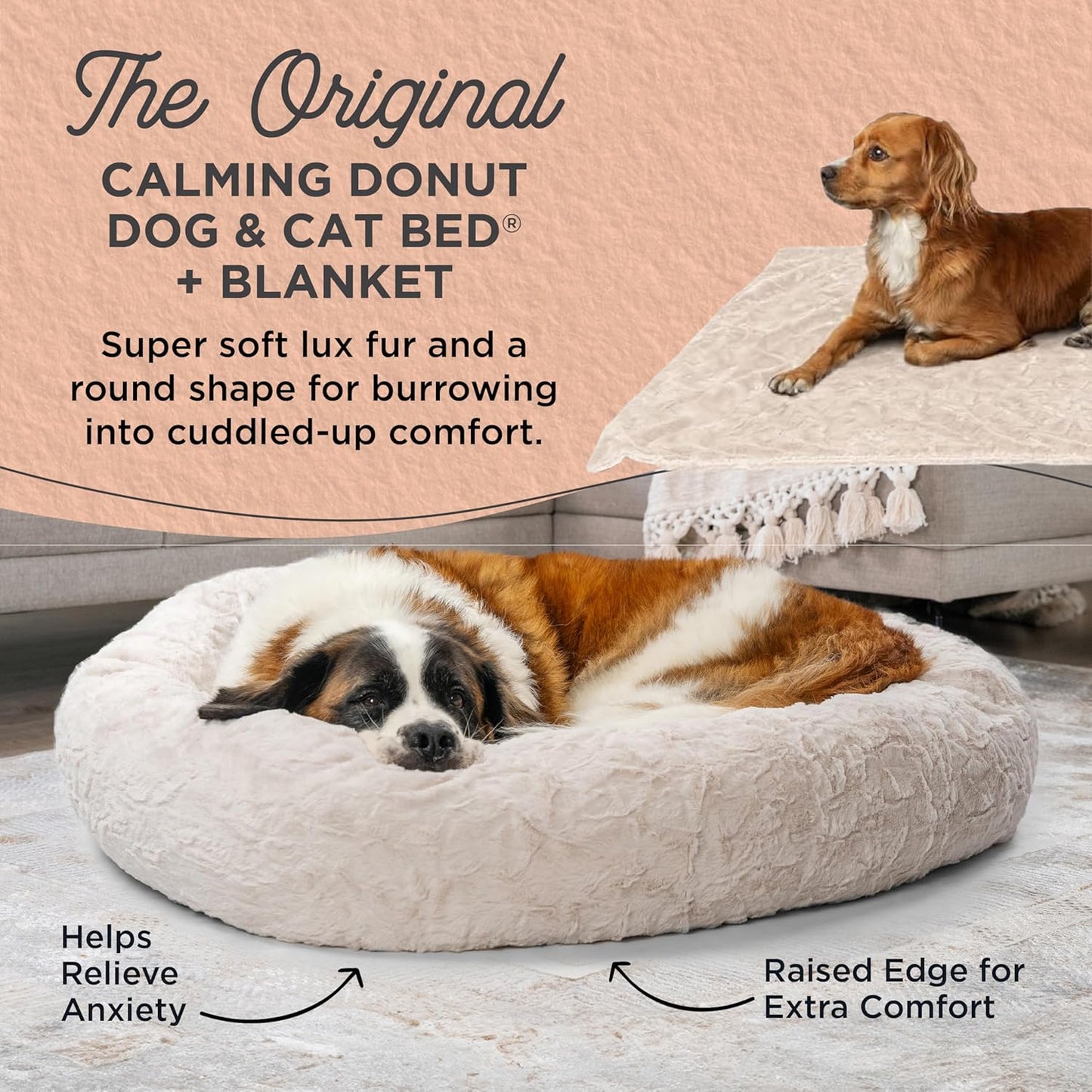 Best Friends by Sheri Bundle Set The Original Calming Lux Donut Cuddler Cat and Dog Bed + Pet Throw Blanket, Oyster, Extra Large, 45x45