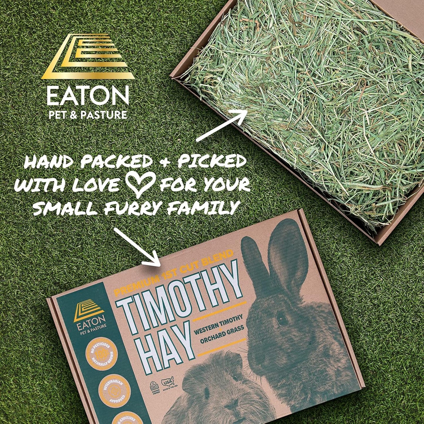 Eaton Pet and Pasture Naturally Grown, Premium, 1st Cut Blend, Western Timothy Hay Orchard Blend, Small Animal Food, Sustainable, Eco-Friendly, Farmer-Owned, 6LB-Box.