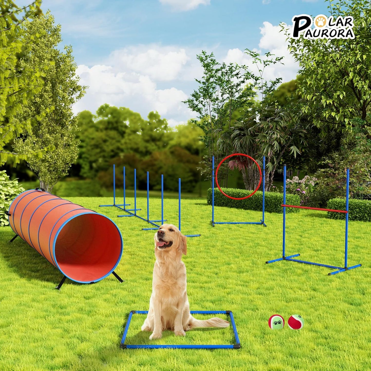 Dog Agility Course Backyard Set Dog Agility Equipment Obstacle Course Backyard Includes Adjustable High Hurdle,6 Weave Poles,Extended Tunnel,Jump Ring,Square Pause Box,2 Balls,Whistle,2 Carrying Bags