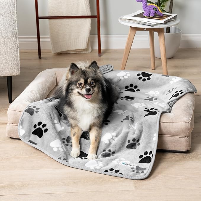 PetAmi Waterproof Dog & Cat Blanket, Pee Proof for Couch, Reversible, Soft Fleece, Washable, 29x40 Paw Gray