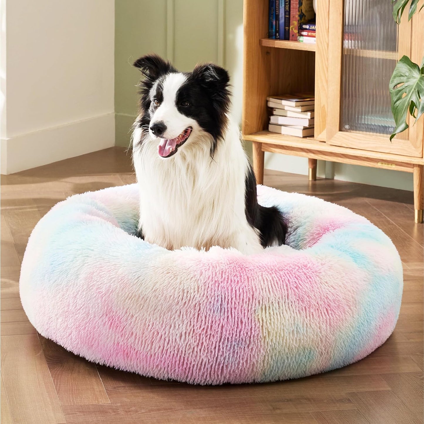 Bedsure Calming Dog Bed for Large Dogs - Donut Washable Large Pet Bed, Anti-Slip Round Fluffy Plush Faux Fur Dog Bed, Fits up to 80 lbs Pets, Multi-Colored, 36 inches