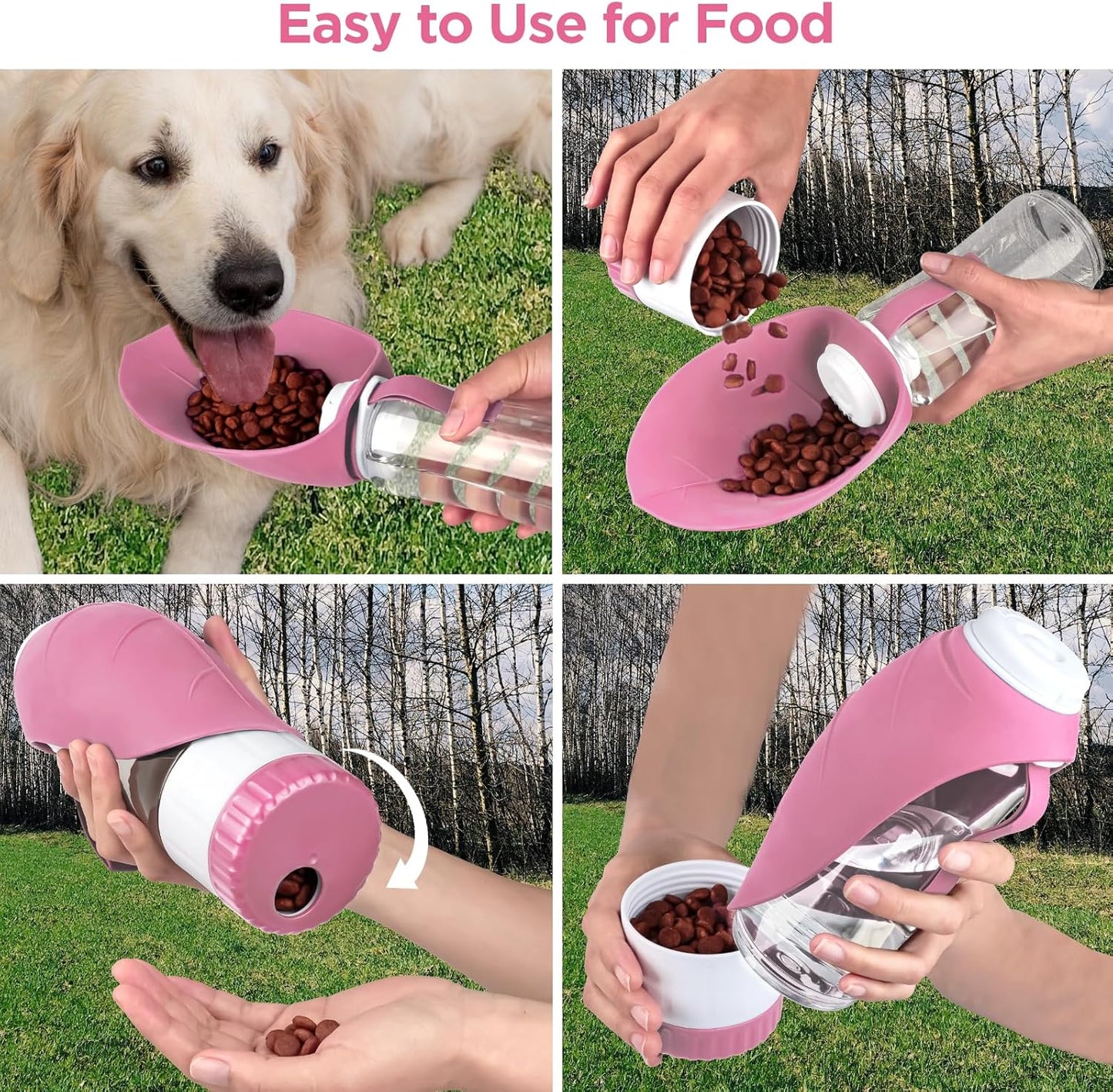 Dog Water Bottle, Pet Water Bottle with Food Container and Drinking Feeder, Leak Proof, BPA-Free, Portable Foldable Puppy Water Cup Dispenser for Outdoor Walking, Travel, Hiking Large Pink