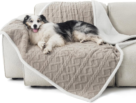 Bedsure Waterproof Dog Blankets for Large Dogs - Pet Blanket for Couch Protector Washable, Jacquard Coral Fleece Cat Throw Blanket, Soft Plush Reversible Furniture Protection, 50"x60", Pale Oak