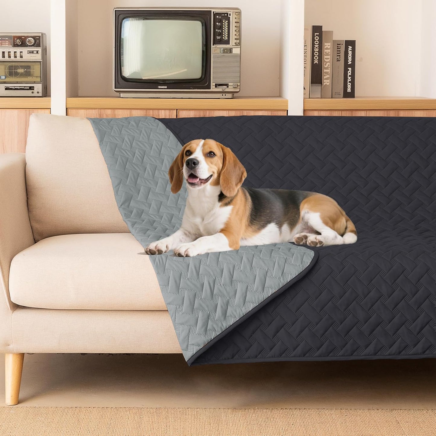 gogobunny 100% Double Sided Waterproof Dog Blanket Soft Pet Bed Cover Reversible Protect Furniture Couch Sofa Car for Puppy Cat (Dark Charcoal/Light Charcoal, 68x82 Inch (Pack of 1))