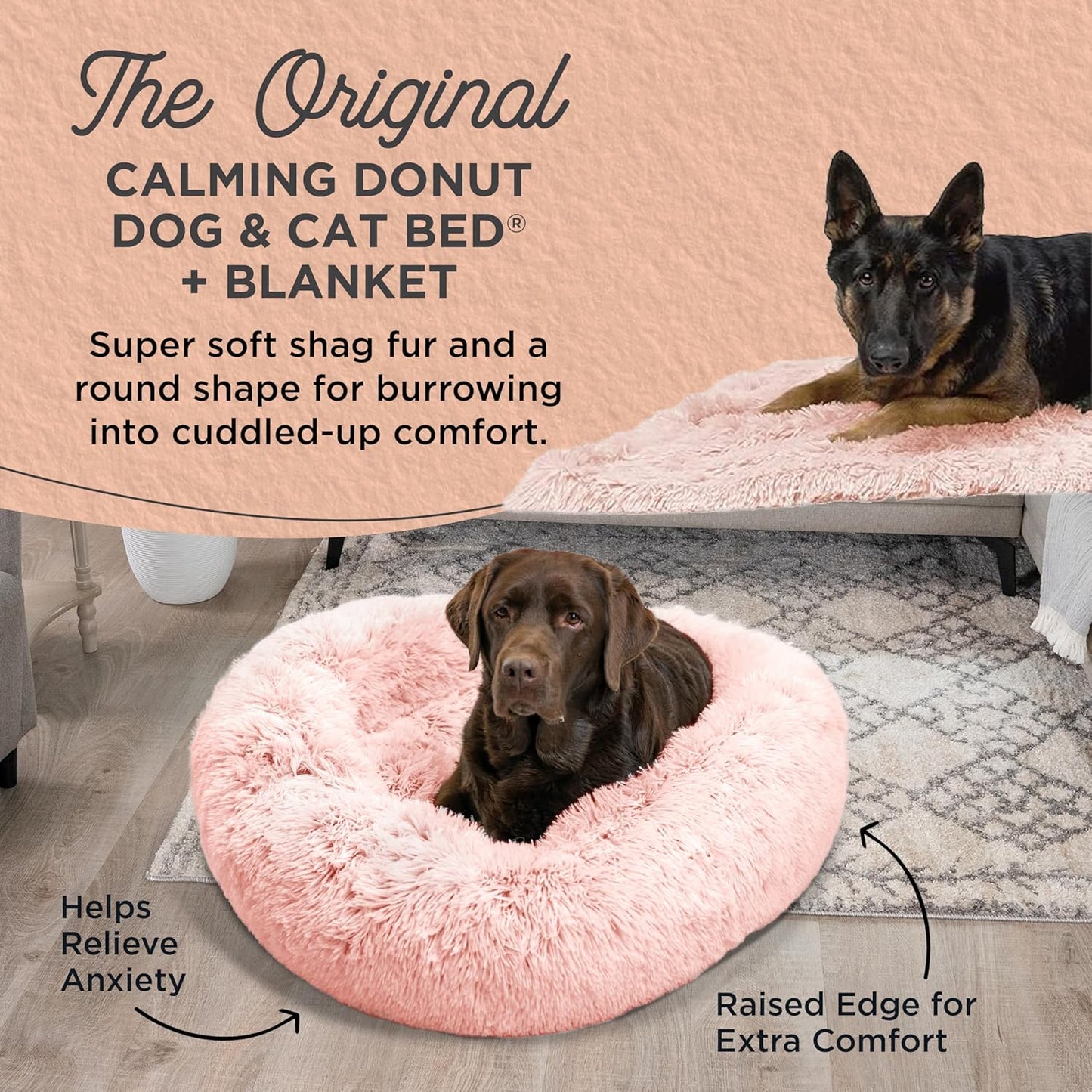 Best Friends by Sheri Bundle Set The Original Calming Shag Donut Cuddler Cat and Dog Bed + Pet Throw Blanket, Cotton Candy Pink, Large, 36x36