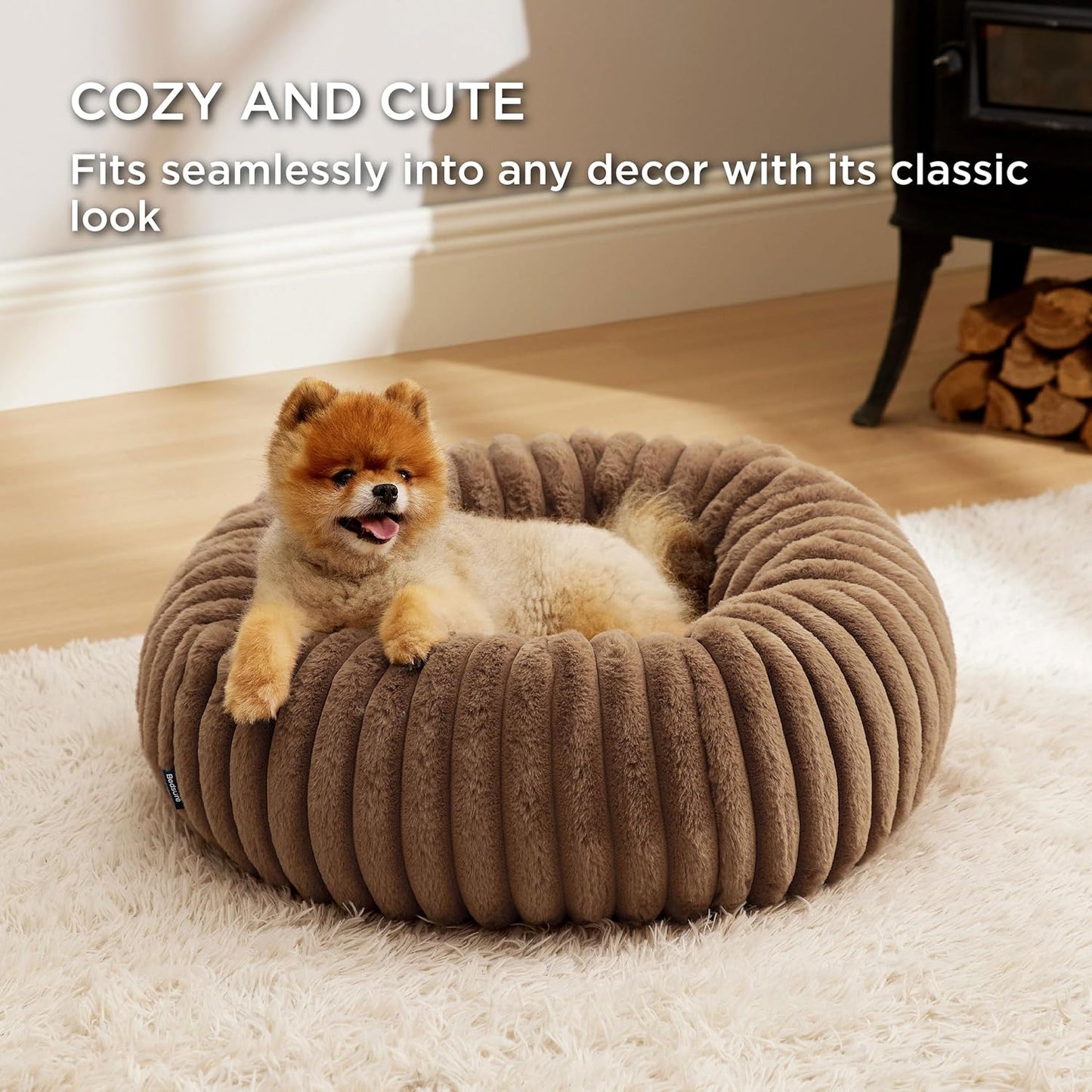 Bedsure Donut Small Dog Bed - Dog Beds for Small Dogs with Corduroy Fleece & Anti Slip Bottom, Round Faux Fur Pet Beds with Washable Removable Cover, Copper Brown, 23x23x7 inches