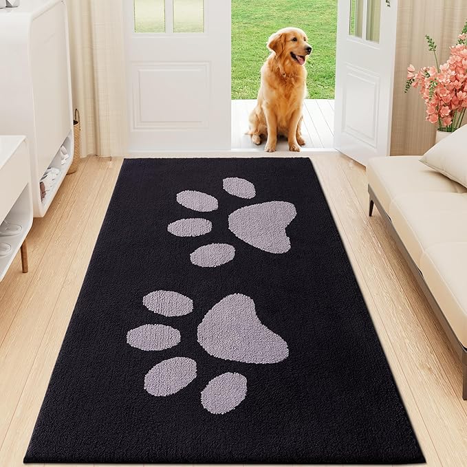 Buganda Dog Door Mat for Muddy Paws, Absorbent Dirt Trapper Washable Indoor Doormats, Non Slip Low-Profile Mud Mat for Dogs, Front Entrance Doormat for Inside Floor (59x35 Inches, Black and Grey)