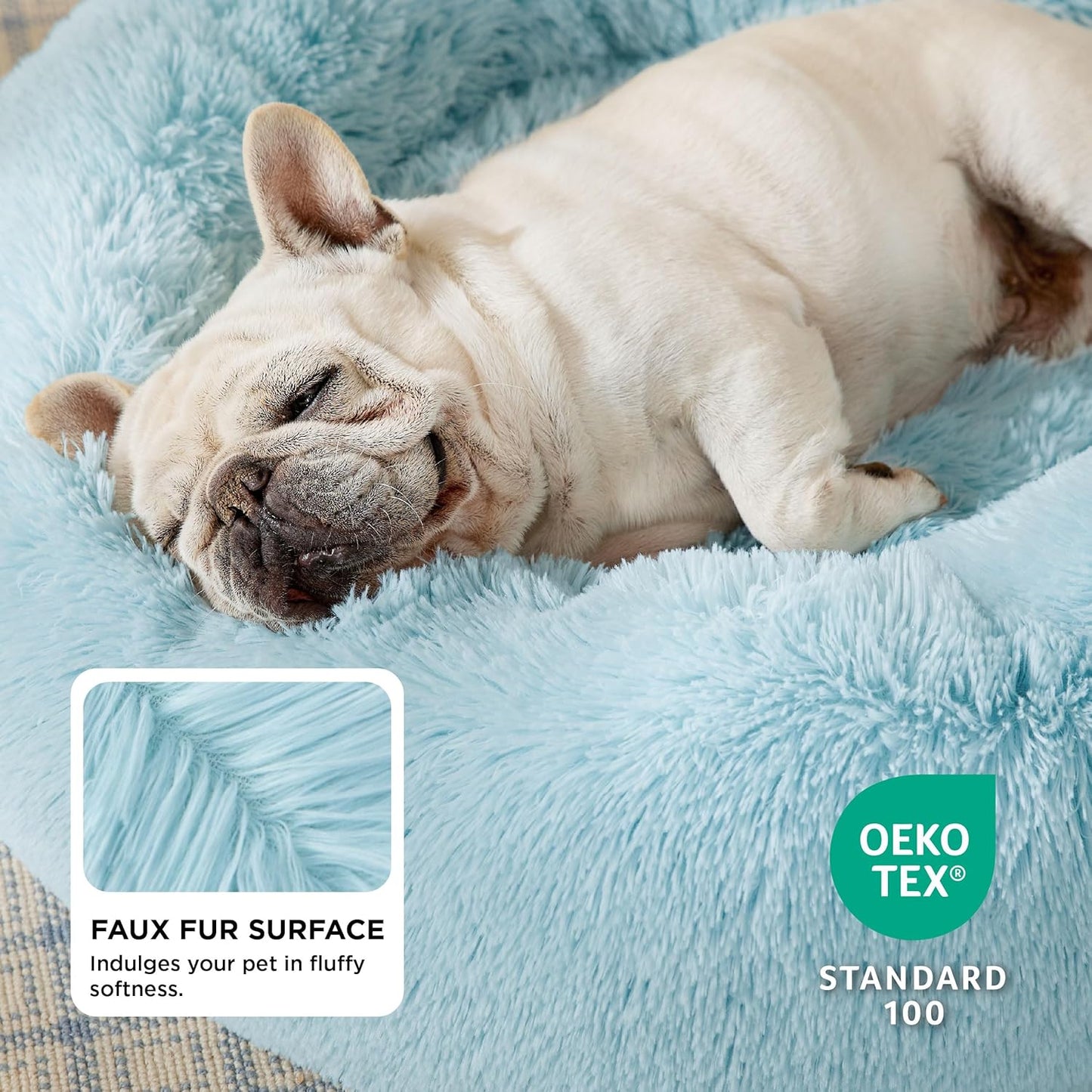 Bedsure Calming Dog Bed for Medium Dogs - Donut Washable Medium Pet Bed, 30 inches Anti-Slip Round Fluffy Plush Faux Fur Cat Bed, Fits up to 45 lbs Pets, Aqua Blue
