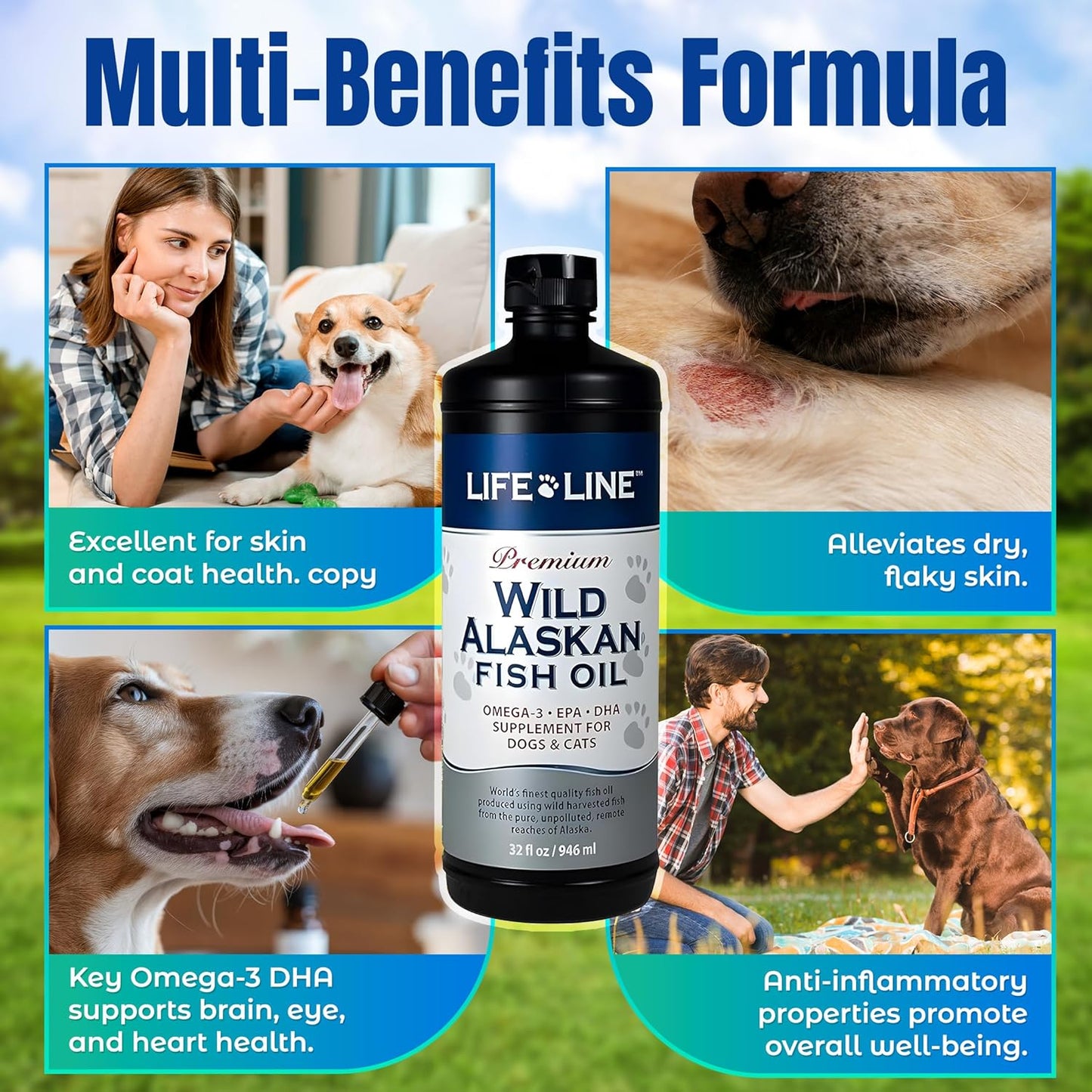 Life Line Pet Nutrition Wild Alaskan Fish Oil for Dogs and Cats 32oz – Omega 3 Fish Oil Supplement for Skin & Coat – Supports Brain, Eye & Heart Health in Dogs & Cats