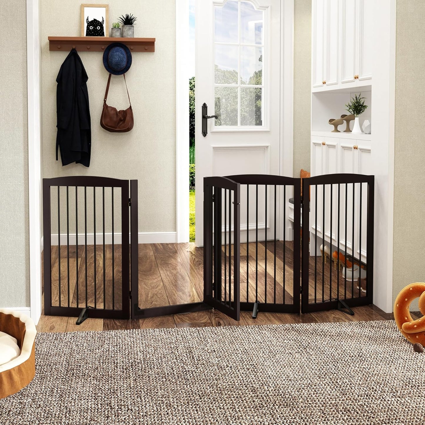 Freestanding Dog Gates with Door Walk Through, 80 inch Wide Gates Indoor, Dog Fences Indoor, Support Feet Included, 4 Panels, 32" Tall, Dark Brown