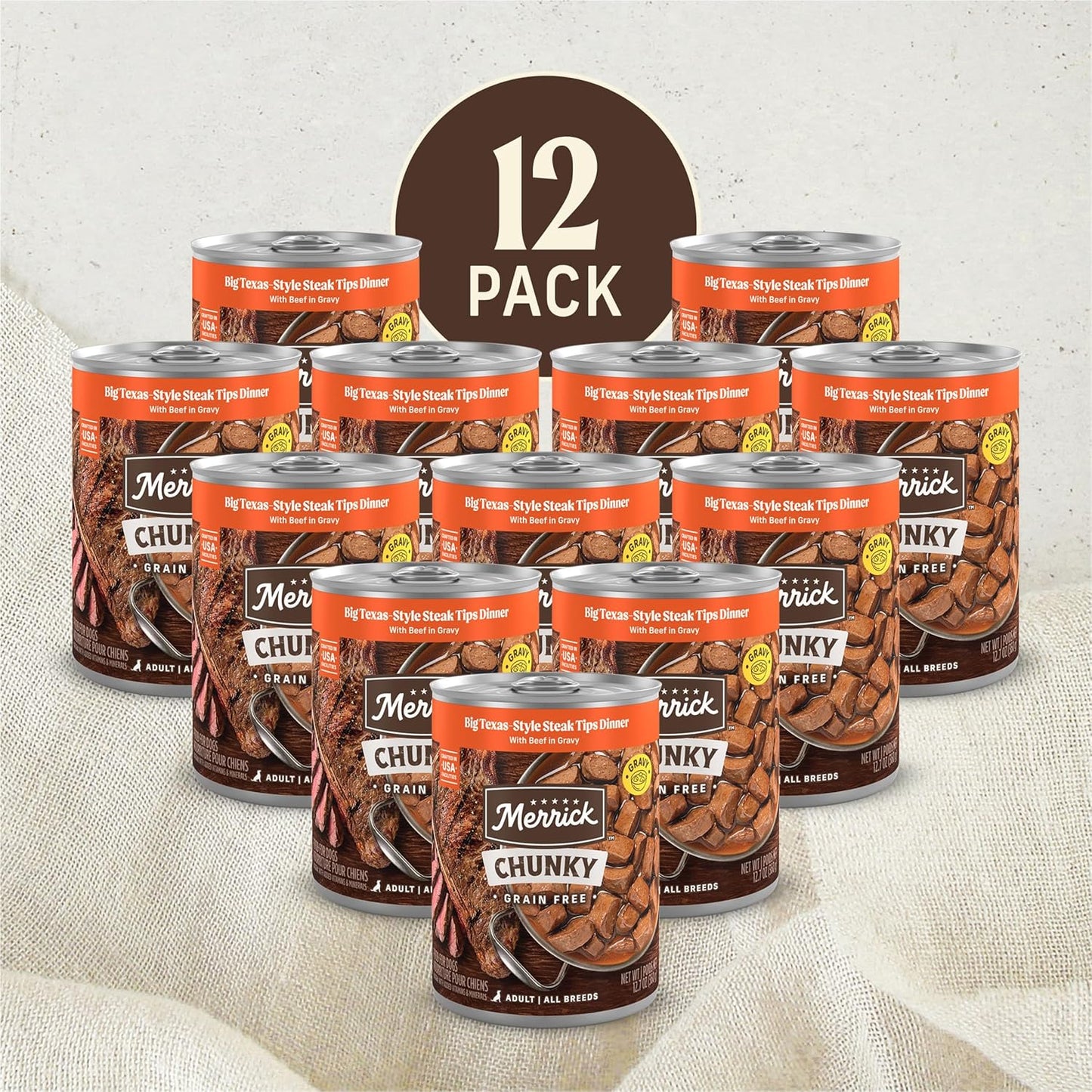 Merrick Chunky Grain Free Premium And Wholesome Canned Dog Food, Real Meat Big Texas Steak Tips Dinner - (Pack of 12) 12 ct. Cans