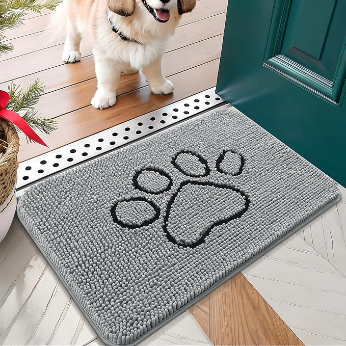 OLANLY Door Mat for Muddy Dog Paws 24x16, Ultra Absorbent Chenille Mud Doormat with Paw Print Design, Non-Slip Washable Doormat for Indoor Entryway, Quick-Dry Pet Bed Mats for Dirty Dogs, Grey