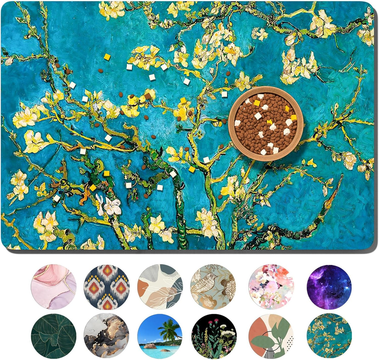 Dog Food Mat, 16" x 24" Flower Absorbent Dog Cat Bowl Mat for Food and Water, Cute Anti-Slip Rubber Pet Feeding Rug Protect Floors, Placemat for Feeding & Watering Supplies, Green