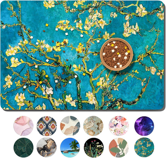 Dog Food Mat, 16" x 24" Flower Absorbent Dog Cat Bowl Mat for Food and Water, Cute Anti-Slip Rubber Pet Feeding Rug Protect Floors, Placemat for Feeding & Watering Supplies, Green