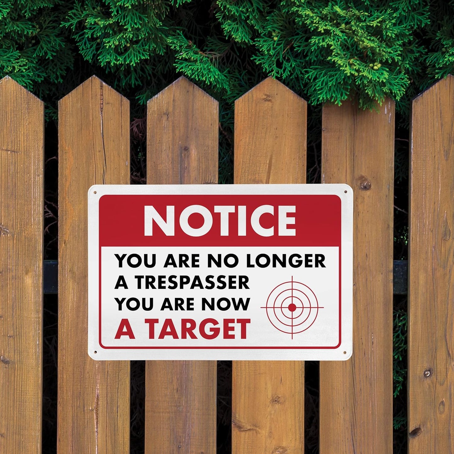 Humorous No Trespassing Sign – No Longer a Trespasser, You Are Now a Target – Funny Metal Warning Sign for Home Security, 8" x 12" - ENVISIONED Signage