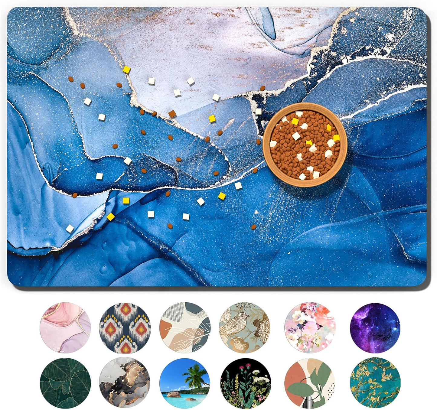 Dog Food Mat, 16" x 24" Marble Absorbent Dog Cat Bowl Mat for Food and Water, Cute Anti-Slip Rubber Pet Feeding Rug Protect Floors, Placemat for Feeding & Watering Supplies, Navy