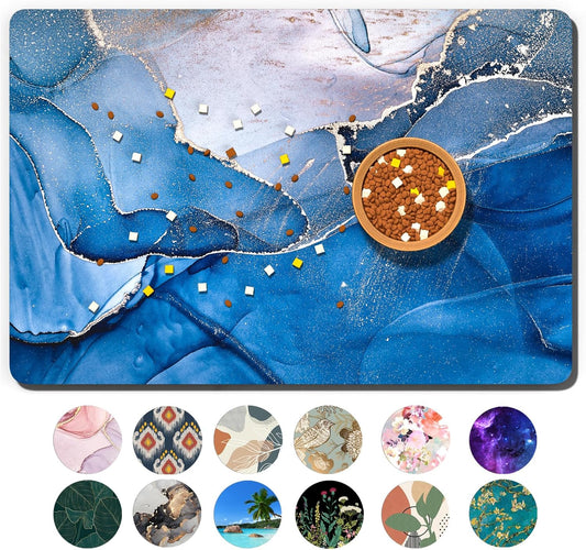 Dog Food Mat, 12" x 19" Marble Absorbent Dog Cat Bowl Mat for Food and Water, Cute Anti-Slip Rubber Pet Feeding Rug Protect Floors, Placemat for Feeding & Watering Supplies, Navy