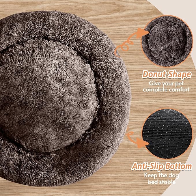 JOLLYVOGUE Calming Dog & Cat Bed for Small Dogs, Anti-Anxiety Donut Cuddler Cozy Soft Round Bed with Anti-Slip Bottom, Fluffy Faux Fur Plush Cushion Beds for Small Medium Pets (23")