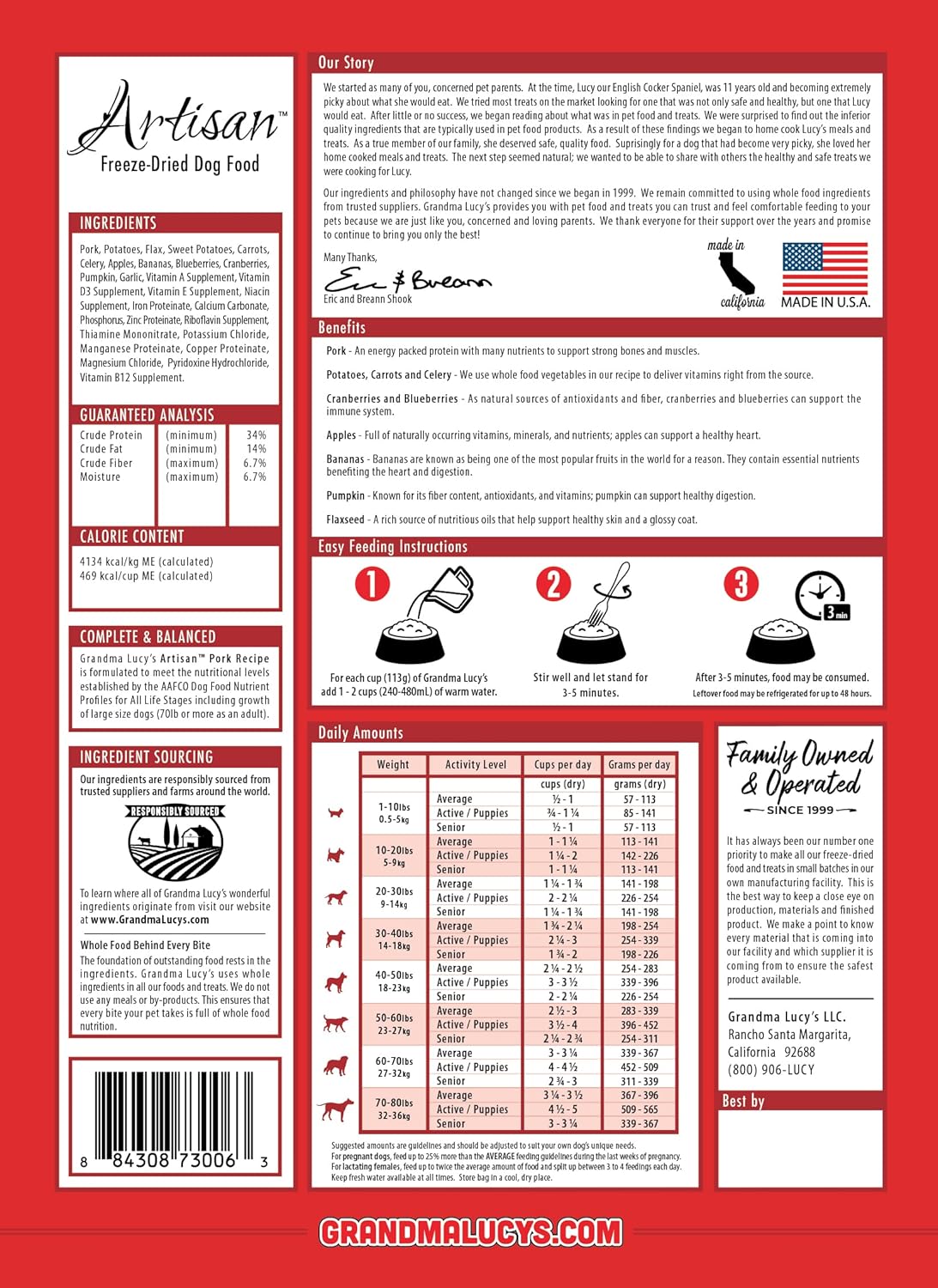 Grandma Lucy's Artisan Dog Food, Grain Free and Freeze-Dried - Artisan Pork, 10Lb Bag