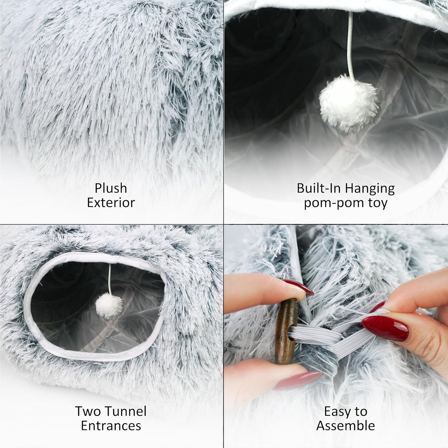 Cat Donut Bed with Washable Cushion – Cat Caves for Indoor Cats – Collapsible Donut Bed with Peekaboo Pet Tunnel Toy – Cozy Hideout for Kittens, Ferrets, Rabbits & Dogs - Grey